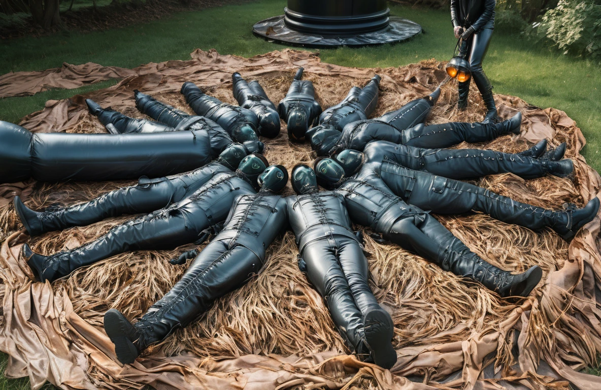 A striking, cinematic photograph of a surreal outdoor scene featuring a dozen black, shiny, and intricately mummified helpless males, completely encased in leather bodybags, laced up snug, multiple black leather straps ensuring their total immobility. black leather bulges. laying in a patch of dried brown grass. Their arrangement forms a circular pattern, with no visible arms or legs. all faces covered by black latex gasmasks. impressive bulges. to the left, an inflated black latex cylinder presumably with a man inside of it, sealed air valve. Set against a lush green lawn and trees, an eerie atmosphere is enhanced by the mysterious black cylindrical object in the background. a leather dominatrix in right background lighting brown grass on fire. The overall scene exudes a vibrant and exciting energy, evoking a sense of occult ritual. helpless males having a hot time!, photo, cinematic, vibrant