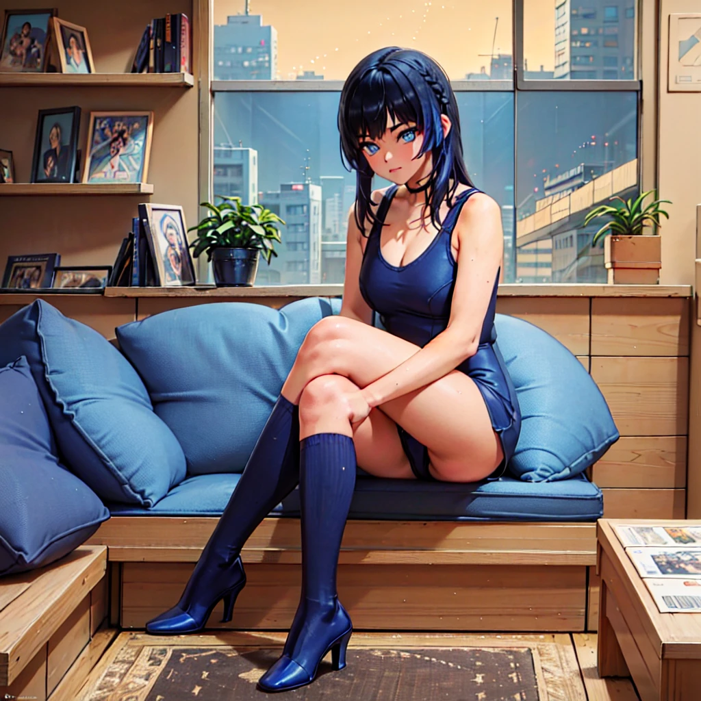 (masterpiece), Highest quality, Expressive eyes, Neon pastel aesthetics, Retro 90s, Neon color,((Girl sitting on sofa,In a cozy room,Records hanging on her wall, Comic books on the floor, Looking out the window behind her at the night city, Upholstered room, Anime figures lined up on a shelf)), Wearing headphones, (All around her it sparkles), (Wearing high socks and heels), (blue eyes), (Soft look), (Synthwave Art Style), Colorful Hair, Desk with PC set up