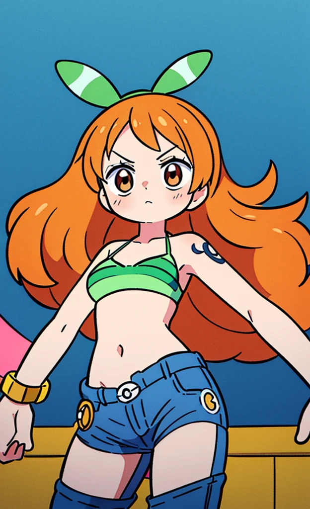 masterpiece,Highest quality,1 Girl,alone,Pokémon-like art style,(bold:1.6),(flat:1.5), ,loli, age down, NAMI_POST, ORANGE HAIR, LONG HAIR, WAVY HAIR, SIDE LOCKS, BROWN EYES, LARGE BREASTS, SHOULDER TATTOO
BIKINI, GREEN BIKINI, BIKINI TOP ONLY, DENIM, JEANS, GROIN, BRACELET, BANGLE