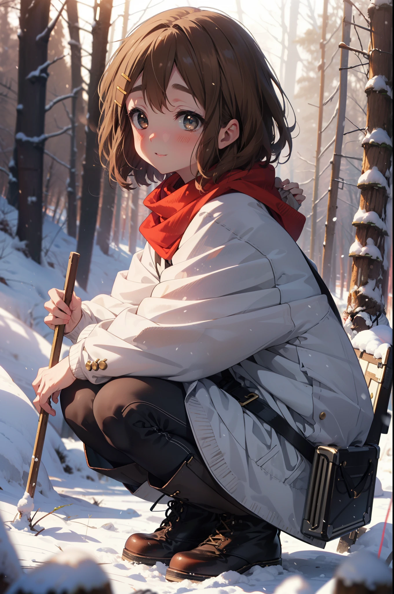 yuihirasawa, Yui Hirasawa, short hair, Brown Hair, hair ornaments, (Brown eyes:1.5), Hair Clip、smile,smile,blush,White Breath,
Open your mouth,snow,Ground bonfire,, Outdoor, boots, snowing, From the side, wood, suitcase, Cape, Blurred, , forest, White handbag, nature, Squat, Mouth closed, Cape, winter, Written boundary depth, Black shoes, red Cape break looking at viewer, Upper Body, whole body, break Outdoor, forest, nature, break (masterpiece:1.2), Highest quality, High resolution, unity 8k wallpaper, (shape:0.8), (Beautiful and beautiful eyes:1.6), Highly detailed face, Perfect lighting, Highly detailed CG, (Perfect hands, Perfect Anatomy),