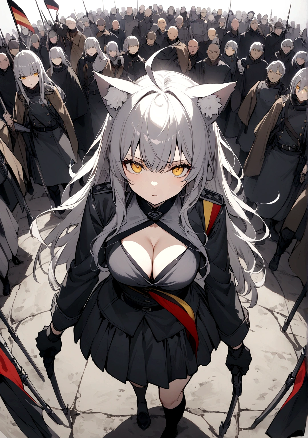 Dynamic Angles、Raising the German flag、Suspicious Gathering、Surrounded by enemieasterpiece, best quality:1.2), 1girl, 独奏、Gray cat ears、Grey long hair、Ahoge、Yellow Eyes、Gray cat ears、Background of military bases、Fisheye Lens、battlefield、Shadows of light and darkness、Expressionless、Grim face、battle、Black knee socks、Cleavage、