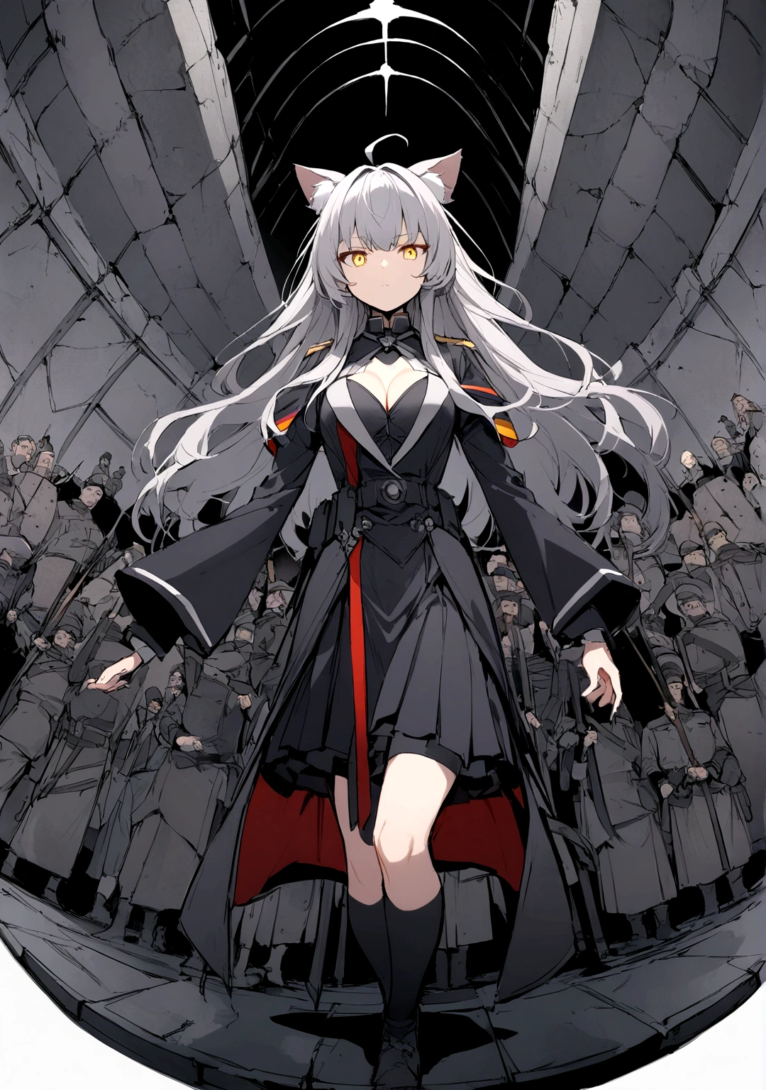 Dynamic Angles、Raising the German flag、Suspicious Gathering、Surrounded by enemieasterpiece, best quality:1.2), 1girl, 独奏、Gray cat ears、Grey long hair、Ahoge、Yellow Eyes、Gray cat ears、Background of military bases、Fisheye Lens、battlefield、Shadows of light and darkness、Expressionless、Grim face、battle、Black knee socks、Cleavage、