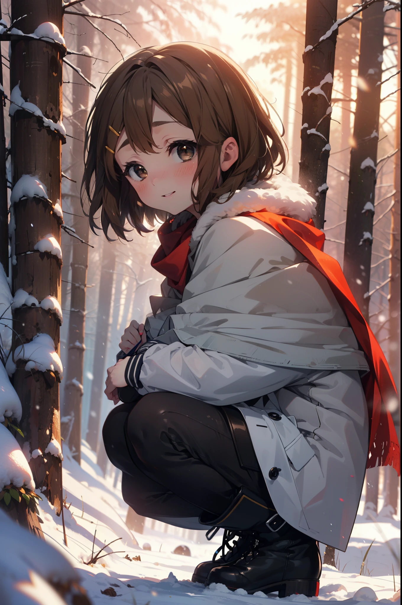 yuihirasawa, Yui Hirasawa, short hair, Brown Hair, hair ornaments, (Brown eyes:1.5), Hair Clip、smile,smile,blush,White Breath,
Open your mouth,snow,Ground bonfire,, Outdoor, boots, snowing, From the side, wood, suitcase, Cape, Blurred, , forest, White handbag, nature,  Squat, Mouth closed, Cape, winter, Written boundary depth, Black shoes, red Cape break looking at viewer, Upper Body, whole body, break Outdoor, forest, nature, break (masterpiece:1.2), Highest quality, High resolution, unity 8k wallpaper, (shape:0.8), (Beautiful and beautiful eyes:1.6), Highly detailed face, Perfect lighting, Highly detailed CG, (Perfect hands, Perfect Anatomy),