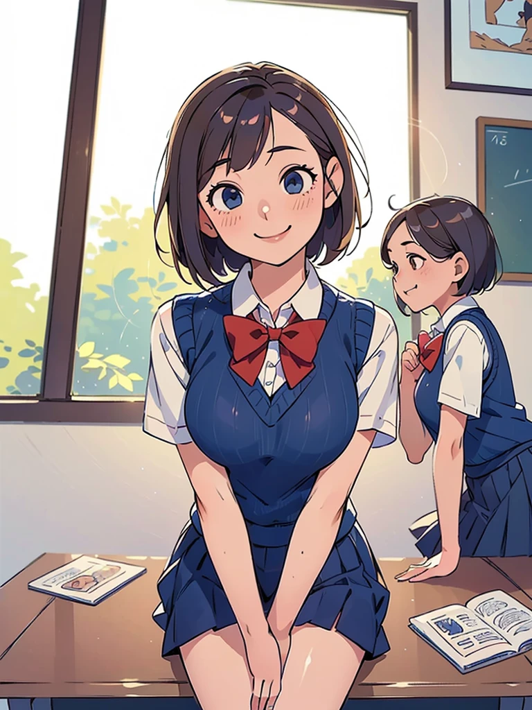 (masterpiece、Highest quality)、Beautiful illustrations、Staring at the audience、Beautiful thighs、Front view、((1 Girl))、Mature 、She looks like a 25-year-old high school girl.、Shiny skin、(Short Hair)、Big eyes、Long eyelashes、Very tall、 Beautiful Hair、Beautiful Face、Beautiful Eyes、 Beautiful breasts、Beautiful thighs、Beautiful feet、Beautiful fingers、(((Brown knitted vest、Short sleeve white collar shirt、Navy Pleated Skirt)))、((Red bow tie))、(In the classroom)、Are standing、((smile))