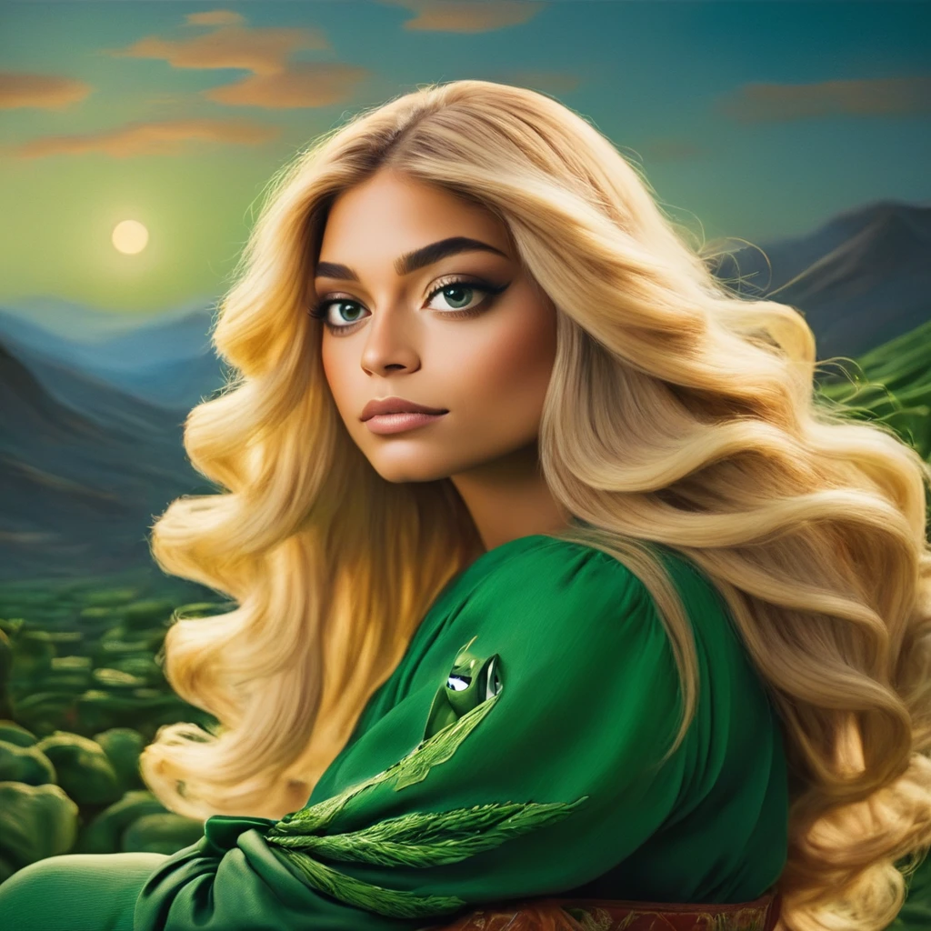 (((pepe_frog))) woman with a long blonde hair