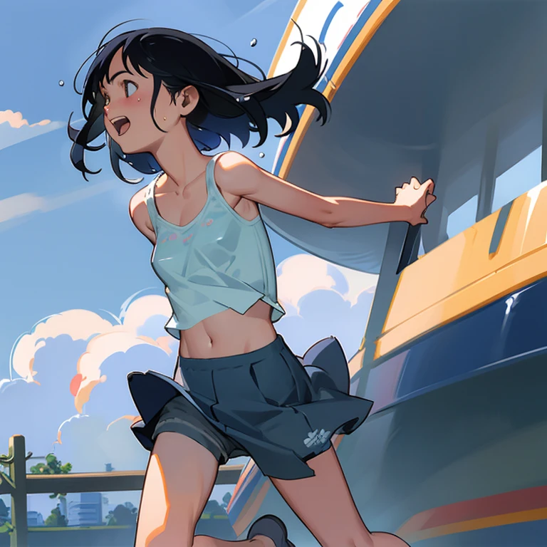 Girls walking down the street holding hands、12-year-old girls、Pure girl、Cute smile、Sparkling Eyes、Healthy Skin、Large park、Summer sun、White cloud、Blue sky、(fullbody shot)、Cleavage、Detailed Hair、Tank top and shorts、Small breasts、slender、Looking up、Hair blowing in the wind、Dynamic pose、very loud laugh、My skirt is flying up in the wind、after the rain、My whole body is wet、Wet body、Blushed cheeks、Sweaty face、Lots of sweat、Her belly button is visible