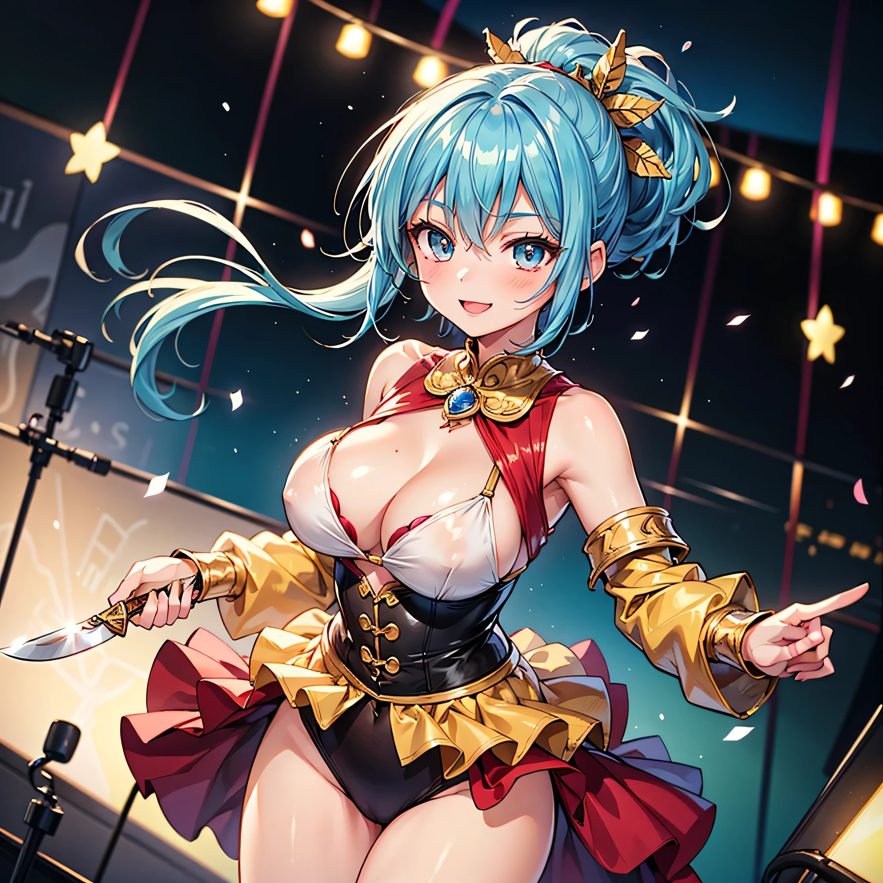 Anime Moe Art Style,Highest quality,High resolution,Anatomically correct,One Girl,-teerl with light blue hair in a ponytail,Very detailed,Fantasy World,Big Breasts,Shiny skin,Beautiful Skin,A rich expression,A big smile,Circus,Stage Costumes,Knife throwing tricks,Detailed drawn eyes,hair ornaments,8K