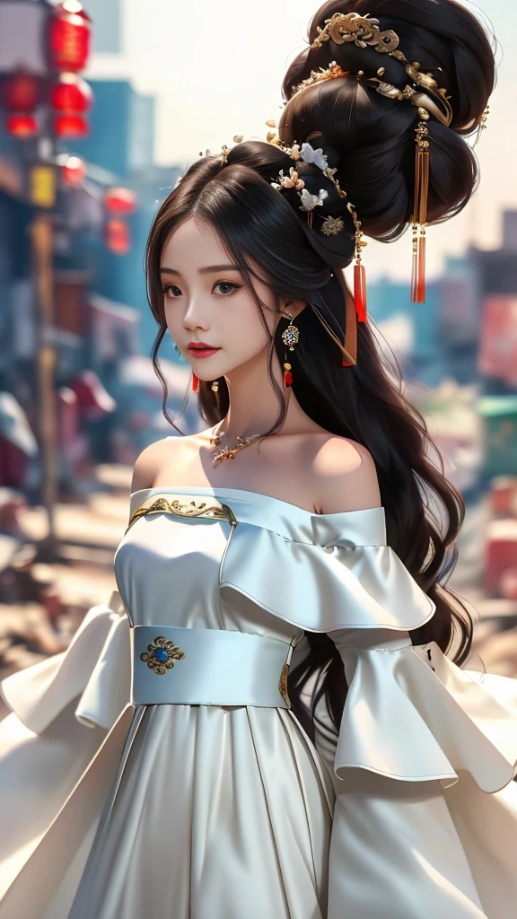 Girl in traditional Chinese clothing, Hanfu, Guzhen Hanfu women, White Hanfu,long straight black hair, black eyes, black bun hairstyle, hair accessories ,white diamond earrings, Bangle Diameter, Dia Necklace, Clear eyes, Facing forward,put on makeup, Long eyelashes ,(Long shoulder coat:1.5), (long white skirt:1.5), ((Whole body)), ((from below))ฃ, Clear face, , (Very beautiful face, Beautiful mouth, beautiful eyes), detailed face, ((Ultra-fine skin)), In the dark, deep shadows, an ancient Chinese girl (Very slim figure 1.3) ,Plump breasts, sexy slender legs elegant posture (smile brightly) ,(slum:1.5),