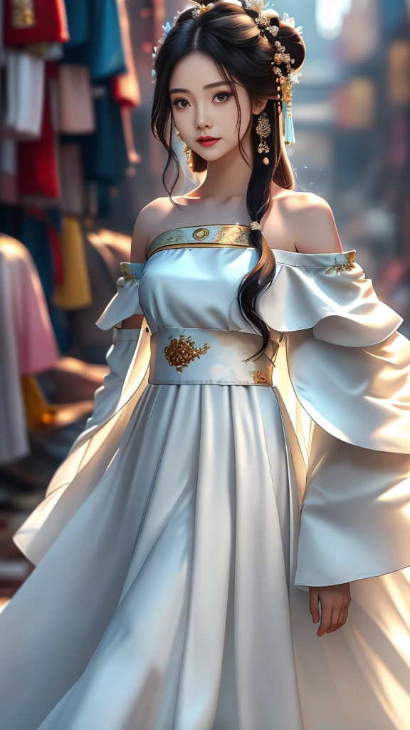 Girl in traditional Chinese clothing, Hanfu, Guzhen Hanfu women, White Hanfu,long straight black hair, black eyes, black bun hairstyle, hair accessories ,white diamond earrings, Bangle Diameter, Dia Necklace, Clear eyes, Facing forward,put on makeup, Long eyelashes ,(Long shoulder coat:1.5), (long white skirt:1.5), ((Whole body)), ((from below))ฃ, Clear face, , (Very beautiful face, Beautiful mouth, beautiful eyes), detailed face, ((Ultra-fine skin)), In the dark, deep shadows, an ancient Chinese girl (Very slim figure 1.3) ,Plump breasts, sexy slender legs elegant posture (smile brightly) ,(slum:1.5),