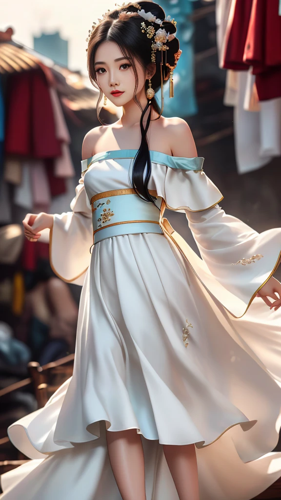 Girl in traditional Chinese clothing, Hanfu, Guzhen Hanfu women, White Hanfu,long straight black hair, black eyes, black bun hairstyle, hair accessories ,white diamond earrings, Bangle Diameter, Dia Necklace, Clear eyes, Facing forward,put on makeup, Long eyelashes ,(Long shoulder coat:1.5), (long white skirt:1.5), ((Whole body)), ((from below))ฃ, Clear face, , (Very beautiful face, Beautiful mouth, beautiful eyes), detailed face, ((Ultra-fine skin)), In the dark, deep shadows, an ancient Chinese girl (Very slim figure 1.3) ,Plump breasts, sexy slender legs elegant posture (smile brightly) ,(slum:1.5),