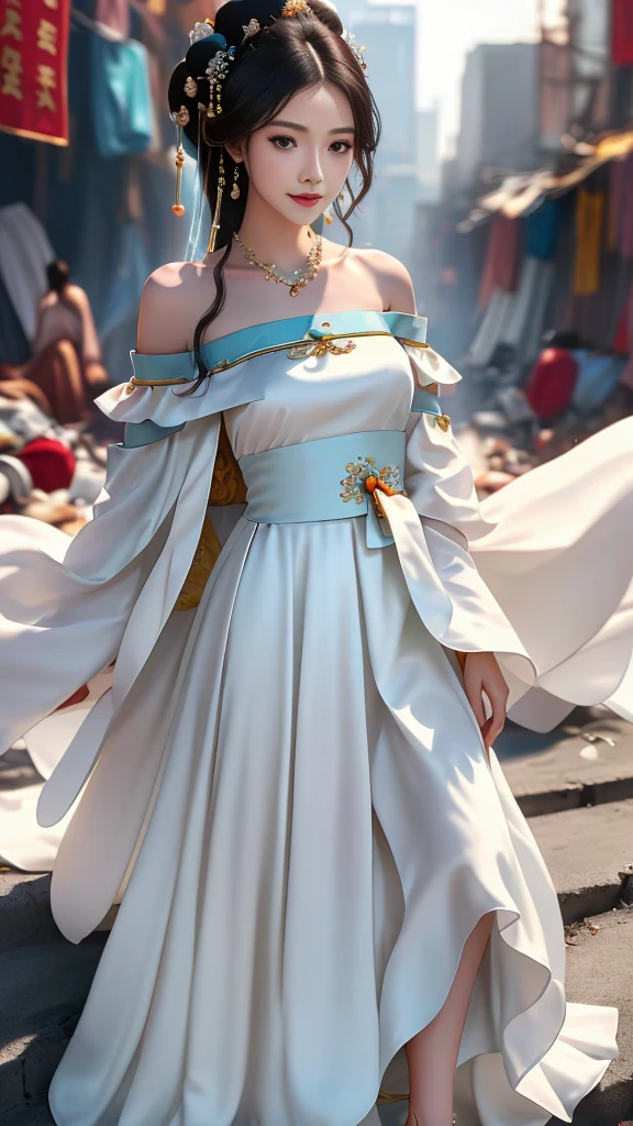 Girl in traditional Chinese clothing, Hanfu, Guzhen Hanfu women, White Hanfu,long straight black hair, black eyes, black bun hairstyle, hair accessories ,white diamond earrings, Bangle Diameter, Dia Necklace, Clear eyes, Facing forward,put on makeup, Long eyelashes ,(Long shoulder coat:1.5), (long white skirt:1.5), ((Whole body)), ((from below))ฃ, Clear face, , (Very beautiful face, Beautiful mouth, beautiful eyes), detailed face, ((Ultra-fine skin)), In the dark, deep shadows, an ancient Chinese girl (Very slim figure 1.3) ,Plump breasts, sexy slender legs elegant posture (smile brightly) ,(slum:1.5),