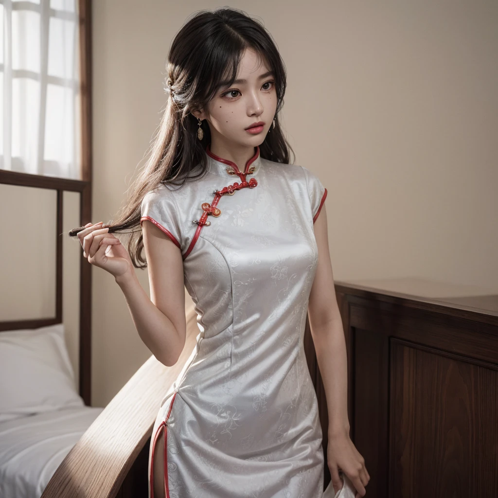 ((((absurdres, RAW photo, extremely delicate and beautiful, masterpiece, Best Quality, ultra high resolution, 32k, hyperrealistic, ultra-detailed)))), in her 20s, very Slim body, narrow waist, very small head, very small face, delicate facial features, beautiful face, beautiful eyes, very huge round tits, medium hair, black hair, wavy hair, tearful mole, earring, full body shot, ((cheongsam)),