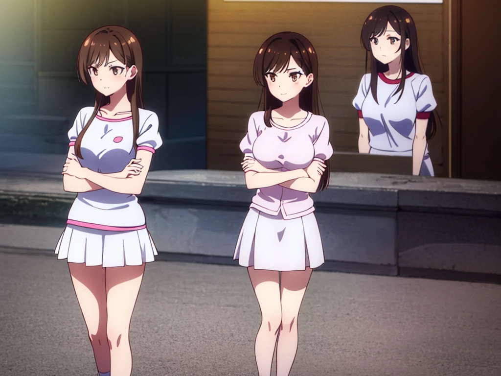 mizuharachizuru, chizuru ichinose, ((long hair)), bangs, brown hair, (brown eyes:1.5), one side up, smile, (clonealike:2), 5+girls, multiple identical girls, large breasts, thighs, shiny legs,
BREAK skirt, shirt, short sleeves, puffy sleeves, puffy short sleeves, white skirt, white short, pink shirt, white low socks, brown low shoes,
BREAK indoors, boutique outlet shop, crowd, people,
BREAK asking for bikini swimsuit clothes prices with the clerk, (cowboy shot:1.5),
BREAK (masterpiece:1.2), best quality, high resolution, unity 8k wallpaper, (illustration:0.8), (beautiful detailed eyes:1.6), extremely detailed face, perfect lighting, extremely detailed CG, (perfect hands, perfect anatomy), seductive appearance and posture, ((full body)), ((standing)), profile, crossed arms under breasts