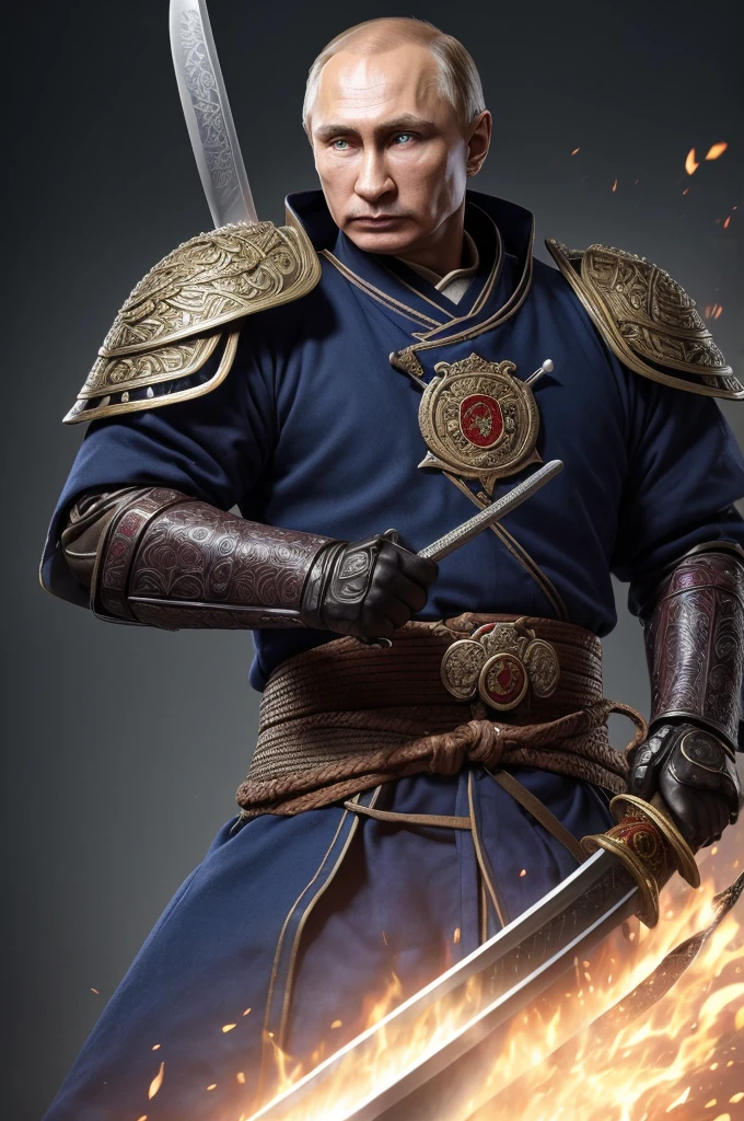 Highest quality，High resolution， ((Vladimir Vladimirovich Putin)) ，Fist of the North Star，samurai，One person，warrior，armor，（dark blue_coat），male，One personで，Middle Age，（face_Wrinkles），Swordsman，strongest，Anime Style，(Limbs)，(Full Finger)，(Accurate fingertips), (The finer details), (Super detailed)，(Japanese sword:)，4K，(high resolution)，whole body, (Front angle), Looking at the camera,masterpiece，(Subtle details)，(Intricate details)，Octane Rendering，(Hyper Detail)，