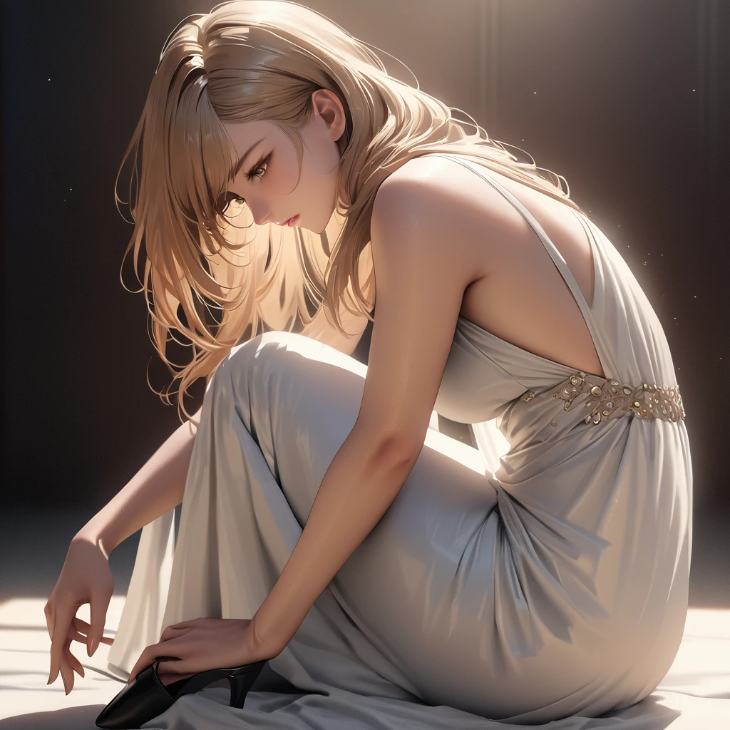 (Highest quality, 8K, masterpiece, High resolution, Very detailed), Realistic, Tsukasa Hojo style, Mysterious Woman, Loose white dress, Black high heels, Long golden hair,  Delicate features,  Soft Shadows,   Subtle details,  No exaggerated features,  Realistic Skin,  Minimalist Background,  Soft lighting,  Film Grain.Look forward