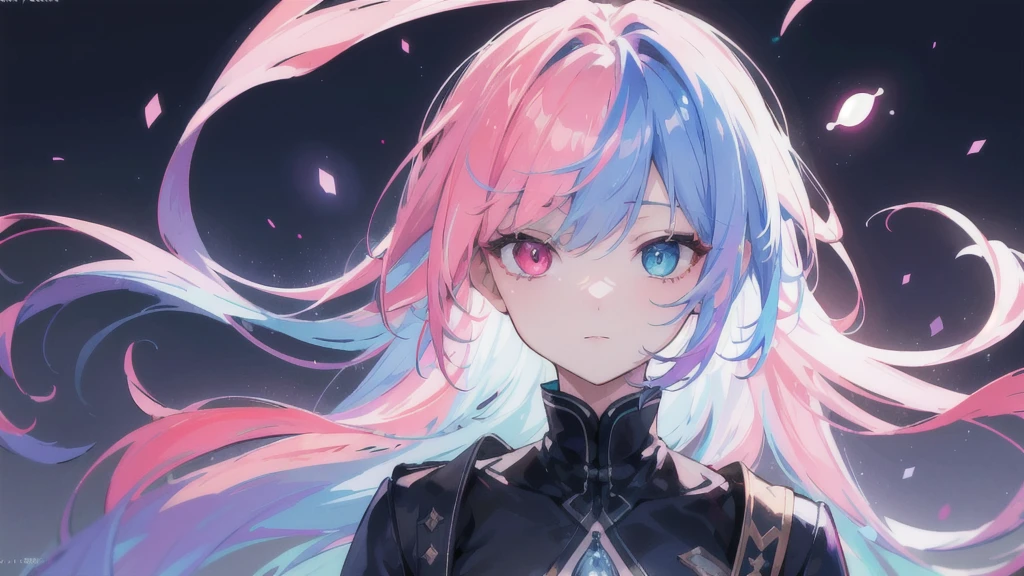 {{masterpiece}}, best quality, extremely detailed CG unity 8k wallpaper, cinematic lighting, lens flare, beautiful detail eyes, blue, love shape, pink hair, colorful light, particles, heterochromia, (colorful:1.5), (colorful hair:1.5), 