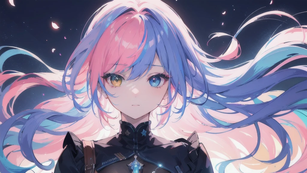 {{masterpiece}}, best quality, extremely detailed CG unity 8k wallpaper, cinematic lighting, lens flare, beautiful detail eyes, blue, love shape, pink hair, colorful light, particles, heterochromia, (colorful:1.5), (colorful hair:1.5), 