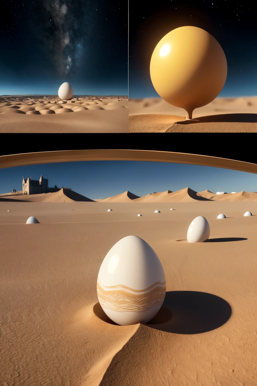"Suddenly, I arrived on a very different planet!
This planet, on its surface, has four eggs. One of them is supported by a wavy line. Would it be a snake or a weed? This egg has an eye that sees everything around it and cries.
A second egg is fully closed.
The third one is cracked.
And the fourth egg is broken and it looks like something is coming out of it. What will be?
The landscape is arid; on the ground some different umbrellas and at the bottom, I see a castle.
It's not day and it's not night. I arrived in the midnight sun."*