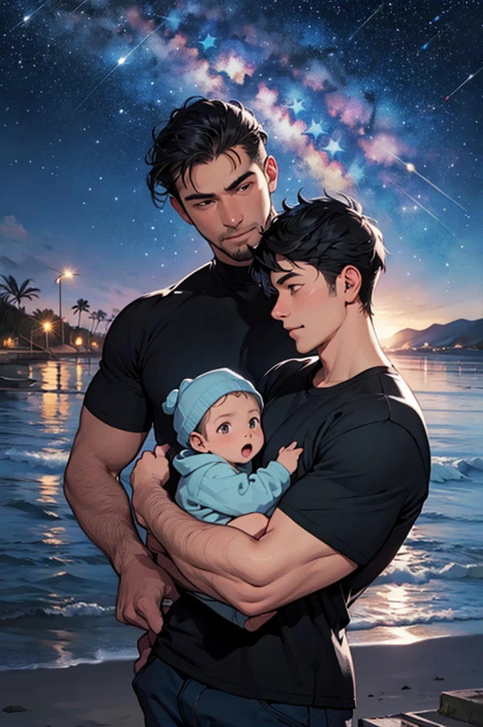 a father holding his baby boy at the seaside at night, black hair, black t-shirt, stars, starry night sky, shiny stars,