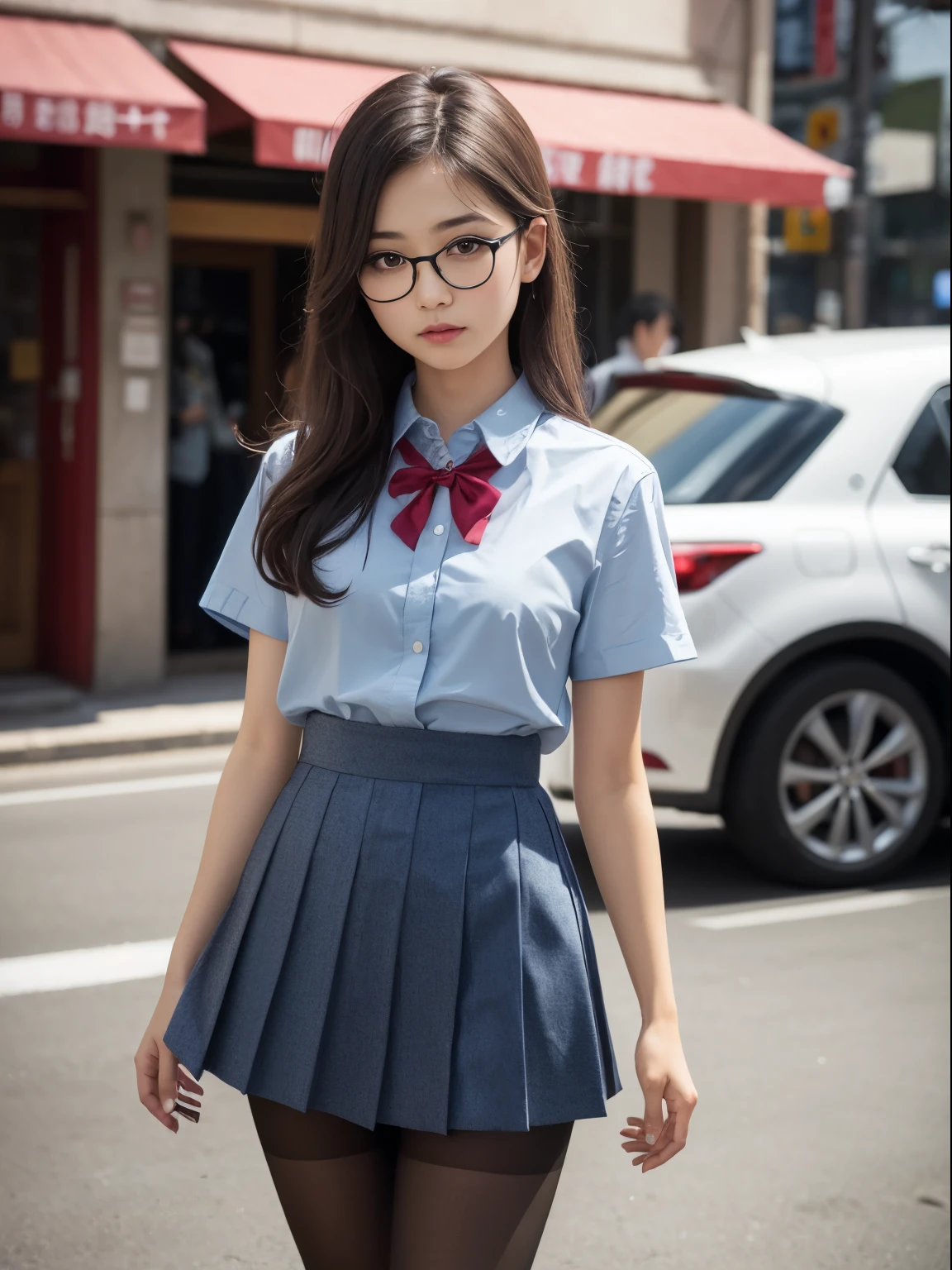 (8K、生photograph、Highest quality、masterpiece:1.2),(Small breasts)、(Small breasts)、(Small breasts)、(Small breasts)、Look straight ahead、pupil,De Pere Blanca,(Black Pantyhose),Small face、Chest is petanko,前hairを真ん中から分ける,The forehead is visible,(business,Glare,strong,Are thin,Irritation)、masterpiece,Highest quality,Ultra-high resolution,生photograph,even,beautiful、One person,One person,Glasses,,Strong face、丸Glasses、cute、JK、high school girl、Japanese women、Are standing、(PhotoReactive:1.37)、Photon Mapping、Light blue ribbon、Real、cute小さな顔、Brown eyes、Black socks、(Red bow tie)、Radio City、Physically Based Rendering、Prospect、Character boundary depth、Blurred Background、photograph、girl、body、Beautiful feet、Long legs、Thin legs、(前hairが見える)、hair、lips、blue_The目、Soft Nose、(Light blue shirt)、Navy and blue white pattern pleated skirt、I can see your knees、See-through clothing、Thighs、black cotton socks、Nogizaka Idol、、Japan Ido