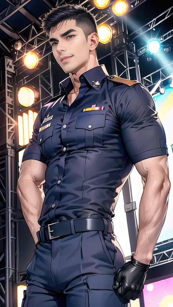 handsome man,(crew cut short hair:1.2),black eye,smile,open mouth
(navy police uniform:1.2),(shirt short sleeves:1.2),collar,(shirt covered over:1.2),(name tag and Police badge:1.2),(shirt no buttons:1.1),(black_gloves:1.3),
(Navy blue cargo:1.2),Korean guy,korean men,(High gloss details),(chest muscles:1.2),(large arm muscles:1.2),blood vessel,Big muscles,Broad shoulders,looking at the audience,Balancing the eyes,middle of the road,(stage:1.4),