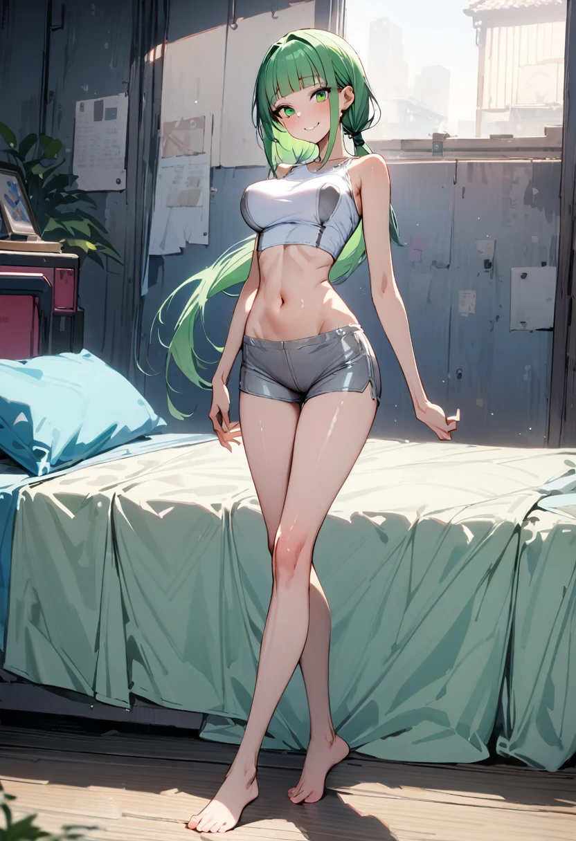 ((masterpiece,Highest quality:1.3)),1woman,30 year old beauty,独奏,((very small head:1.3)),green hair,(low ponytail),long hair,blunt bangs,green eyes,gorgeous eyes,shy,smile,medium breasts,((very long body:1.2)),((toned body,slender body,skinny)),gleaming skin,shiny skin,(White tight T-shirt、navel、Grey wet shorts)、barefoot、standing,Simple bedroom、cyber punk、World of Blade Runner、