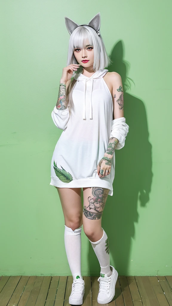 White hair, green eye, girl, tattooed, full body