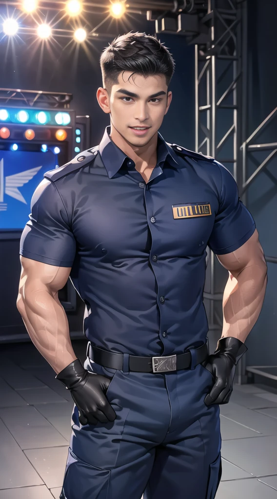 handsome man,(crew cut short hair:1.2),black eye,smile,open mouth (navy police uniform:1.2),(shirt short sleeves:1.2),collar,(shirt covered over:1.2),(name tag and Police badge:1.3),(shirt no buttons:1.1),(black_gloves:1.3), (Navy blue cargo:1.2),Korean guy,korean men,(High gloss details),(chest muscles:1.2),(large arm muscles:1.2),blood vessel,Big muscles,Broad shoulders,looking at the audience,Balancing the eyes,middle of the road,(stage:1.2),