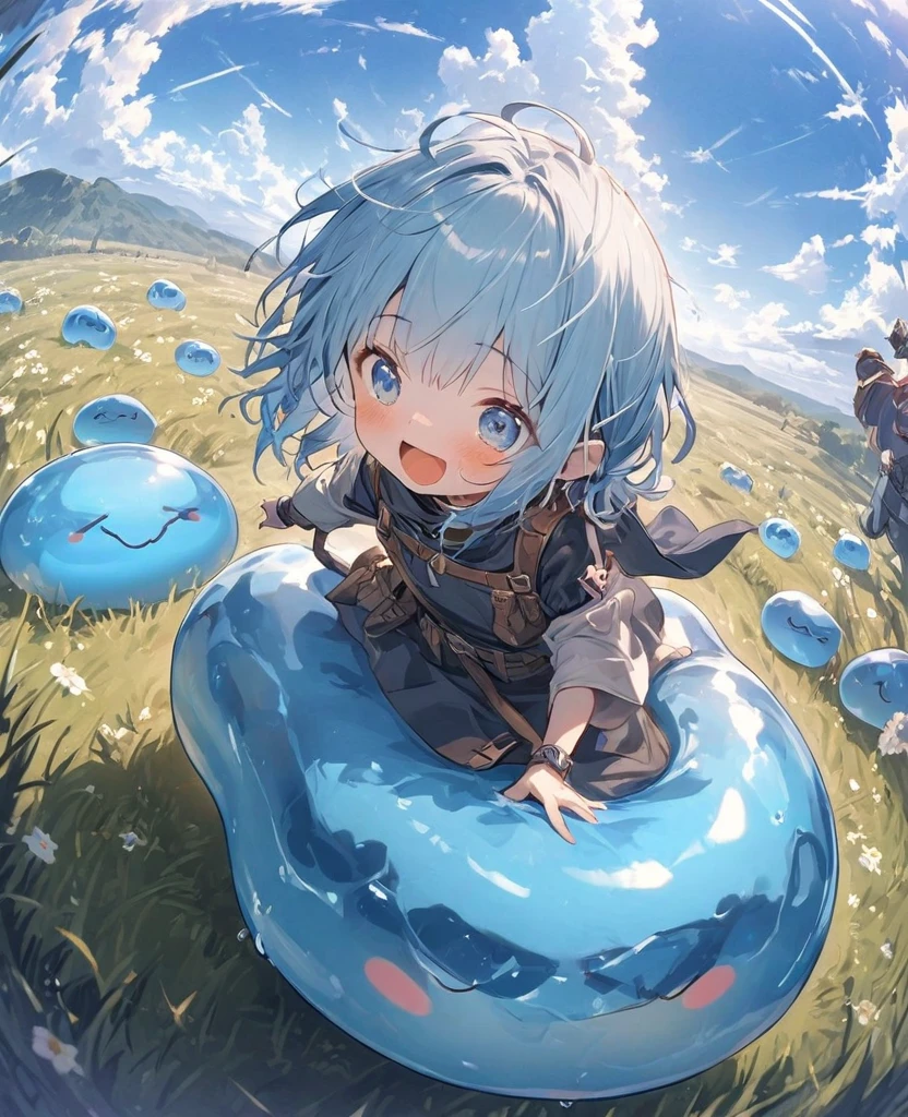 A small blue-haired swordsman riding a blue slime, grassland、Clear blue sky、adventure、Fisheye Lens:1.2、Feel the depth、Fun Expressions