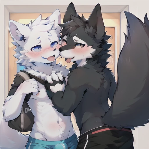 (furry art, Upload to e621:1.4), (high quality:1.4), (deTailed), (deTailed face), (furry), (fur), (Tail),pure, ，blush，Stick out your tongue，White Mask，黑色fur，Pants bulge up the big bag，Kiss，Handsome