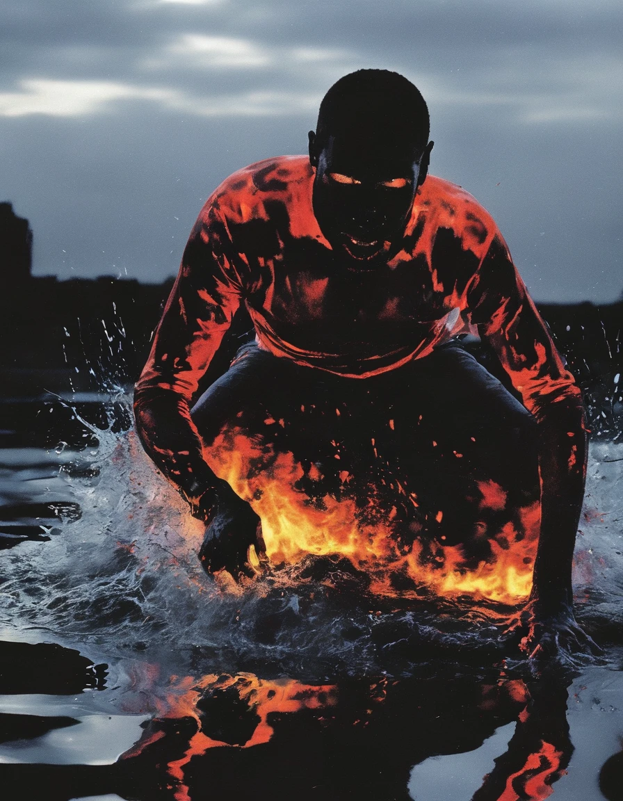 man in fire running on water