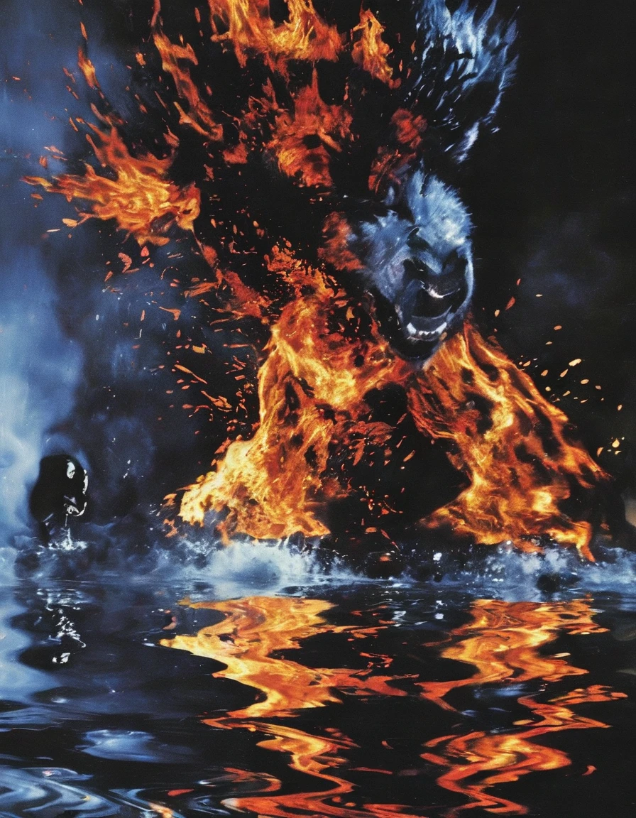 man in fire running on water