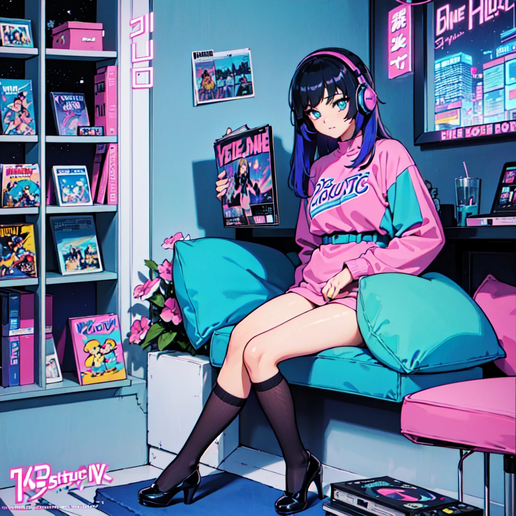 (masterpiece), Highest quality, Expressive eyes, Neon pastel aesthetics, Retro 90s, Neon color,((Girl sitting on sofa,In a cozy room,Records hanging on her wall, Comic books on the floor, Looking out the window behind her at the night city, Upholstered room, Anime figures lined up on a shelf)), Wearing headphones, (All around her it sparkles), (Wearing high socks and heels), (blue eyes), (Soft look), (Synthwave Art Style), Colorful Hair, Desk with PC set up