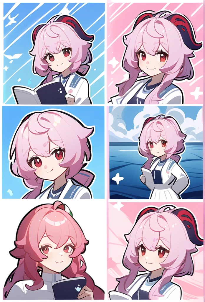 Genshin impact art styles, Pink hair, thick twintails, red eyes, swimming club, smile with lively, Beautiful hot pink accessories and ganyu's uniform