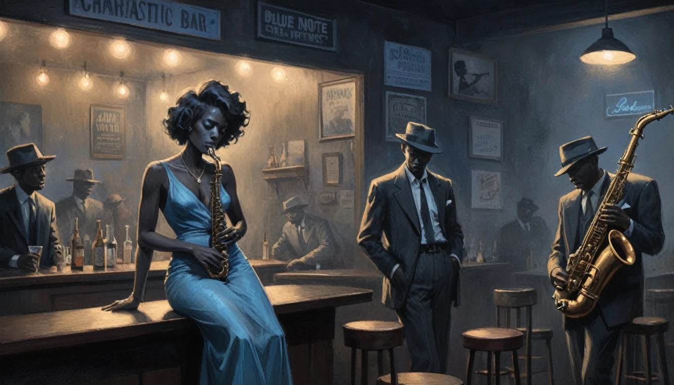 robert johnson, gritty, alabama bar, blue note, charismatic , illustration, noir fantasy, lone lady, sad ending, saxophonists