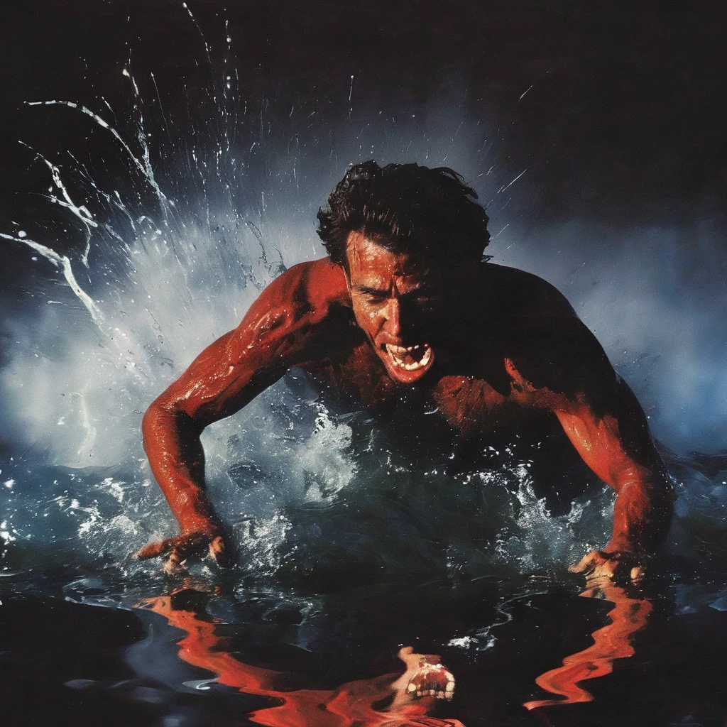 man in fire running on water