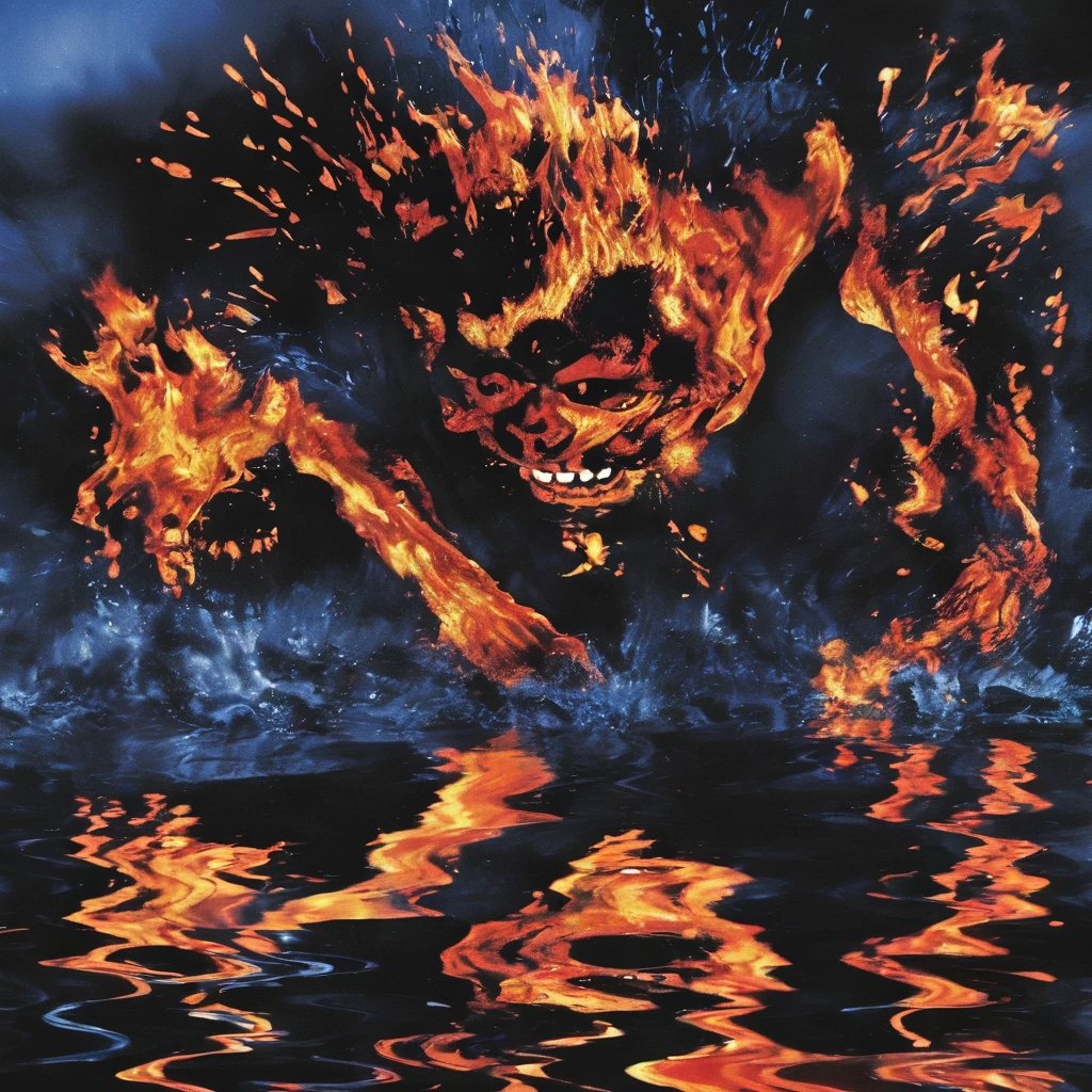 man in fire running on water