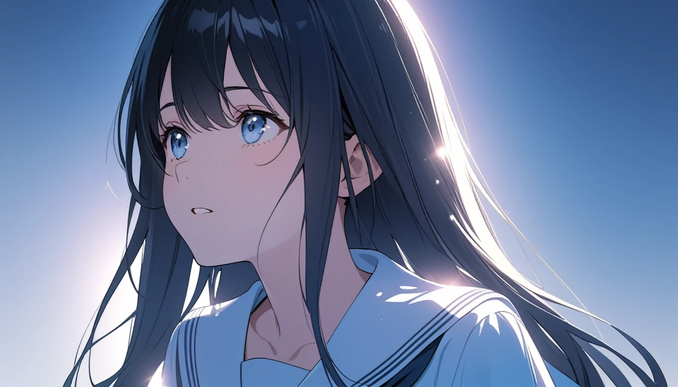 A high school girl in a summer sailor uniform looks up at the sky with a fragile expression on her face.

The summer sun shines on her.

Black hair, straight, long, shiny hair.

The background is a light, cool, bright monochromatic blue.

The image is vividly rendered with a touch that reproduces a dainty maiden.