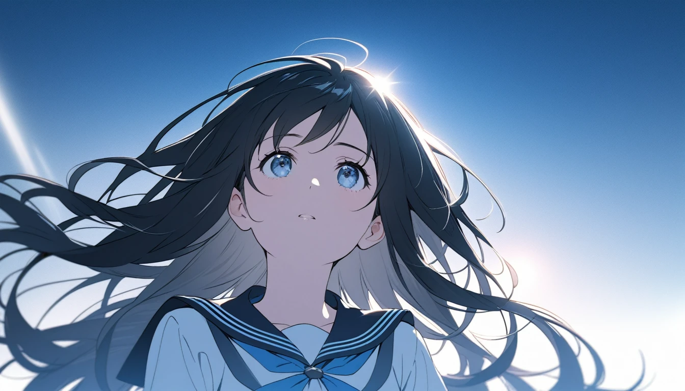 A high school girl in a summer sailor uniform looks up at the sky with a fragile expression on her face.

The summer sun shines on her.

Black hair, straight, long, shiny hair.

The background is a light, cool, bright monochromatic blue.

The image is vividly rendered with a touch that reproduces a dainty maiden.