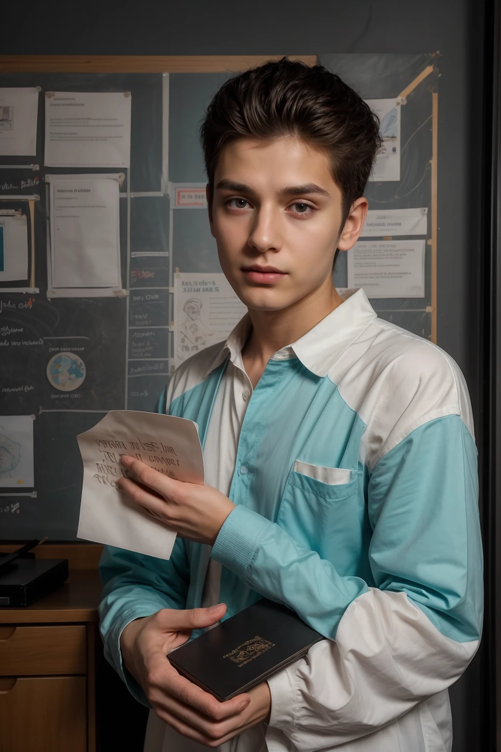 A beautiful young male twink, cute, with black hair, a face with reddish make-up, wearing a bright white long-sleeved shirt and aqua blue pants. He is in his office, and behind him is a blackboard on which is written the shape of the brain and its anatomy, from which nuclear energy emerges, and in his hand is a paper sheet with manuscripts on it.  The phrase “The Greatest Mind.”