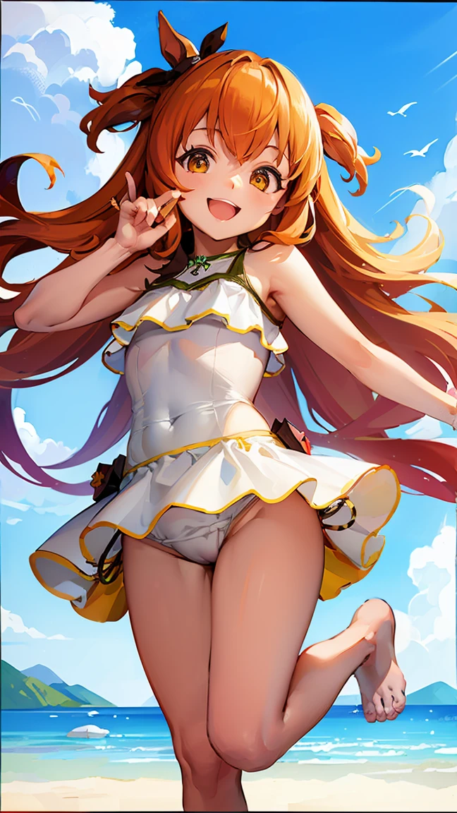 masterpiece, Highest quality, High resolution, Very detailed,(((Mayano Top Gun Jumping))), (((White swimsuit))), (((smile))), Beach, sunny