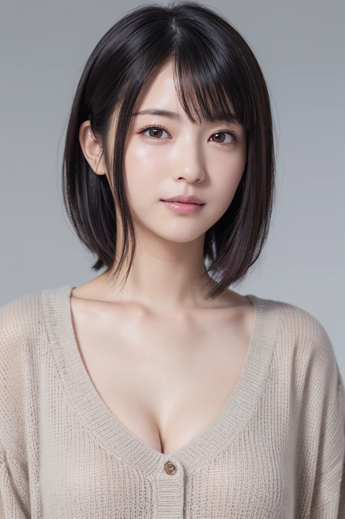 (masterpiece:1.3), (8K, Photorealistic, RAW Photos, Best image quality: 1.4),Beautiful Japanese Woman、Age 25、(Random hairstyle:1.2)、Cleavage:1.2、Super detailed face、Eye on the details、double eyelid、Ample breasts、Sharp focus:1.2、Beautiful woman:1.4、Black Hair、Very short bob hair、short roll、My hair is messy、Highest quality、masterpiece、超High resolution、 Black knitwear、A cool smile、looking at the camera、Strong eye power、Upper body、Face Focus、Simple Background、(8K、Raw photo、Highest quality、masterpiece:1.2)、(Realistic、Photorealistic:1.37)、Professional Lighting、Photon Mapping、Physically Based Rendering、Excellent image quality、High resolution、1080P、(Clear Face)、(Detailed face description)、(Detailed hand description)、(Masseter muscle area)、(Exquisite CGI)、masterpiece、Delicate clavicle、Various poses、Black Wall、Autumn Clothes、Winter clothes、