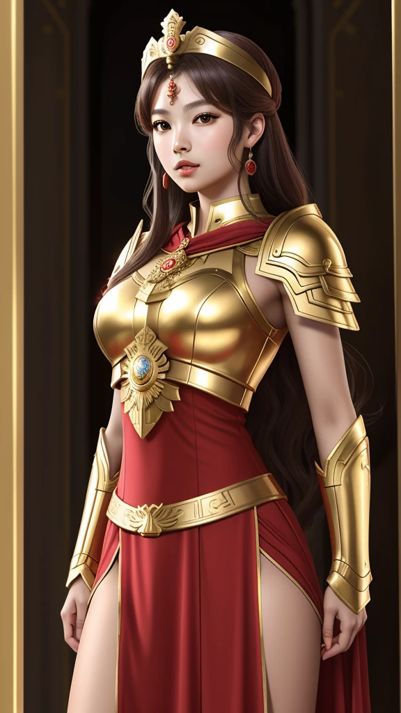 Greek goddess Athena, red tunic, golden armor, golden shield. rostro de jennie kim. good body, whole body. Vestido rojo armadura de oro