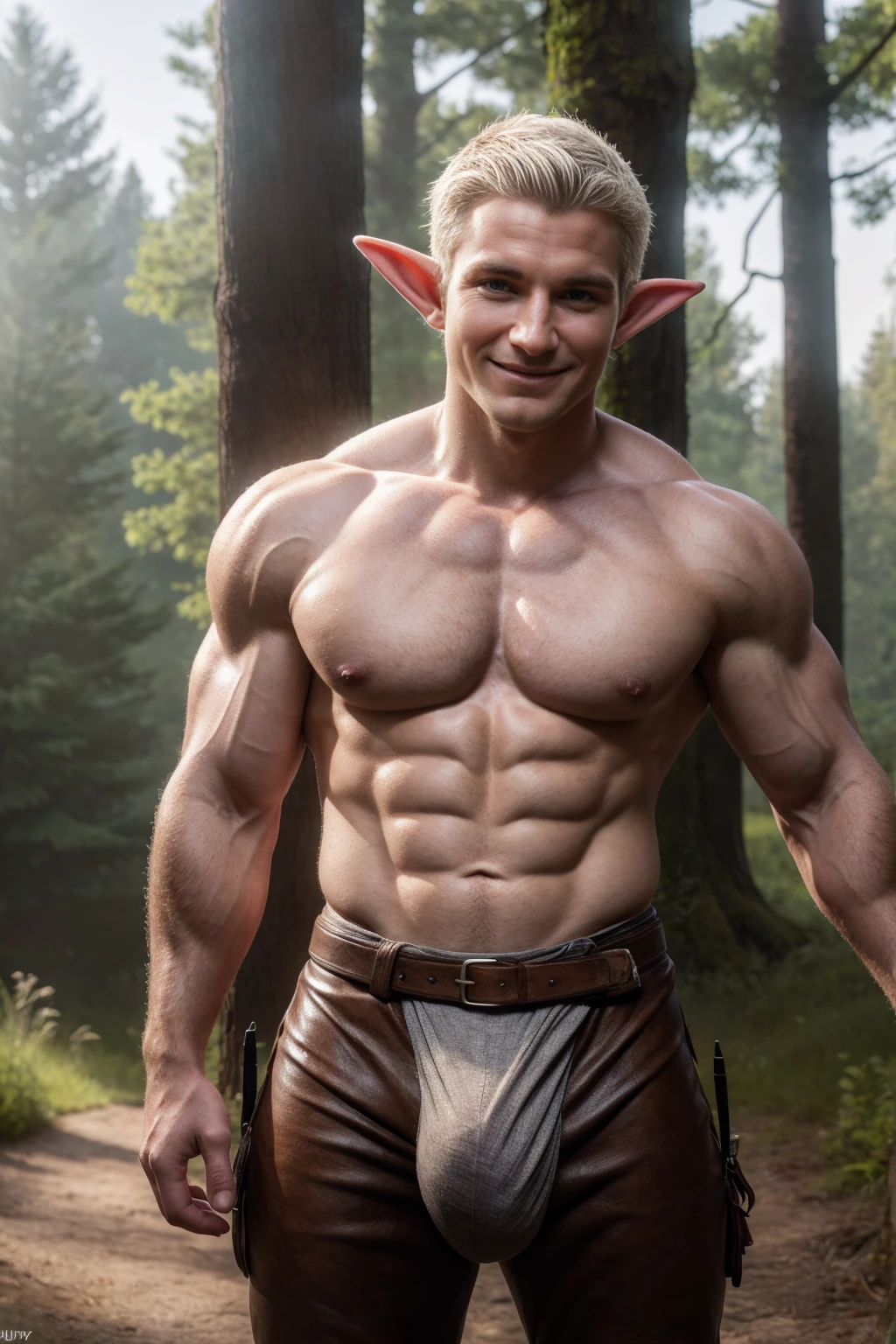 Man elf, handsome,Britisher, elf ears,short hair,Linen Whitegold hair color ,,sport body, big muscle, Handsome face,flawless white skin, cute, pointed ears, wood elf, bowman, pull the bow, pull the bow, shooting bow, action pose, arrows, quiver, leather belt, chest guard, arm guard, shirtless, boots, full body,(Absurdres, intricate details, masterpiece, best quality, high resolution, 8k),(18 year old boy ,(pleased, pleasure face , blush, horny smirk, forest background, big bulge, nsfw, see through,big bulge and big butts,(Best quality, 8k, Masterpiece).,Smiling face, good mood.highest detail, superior quality, natural lighting, beautiful, sexy, correct anatomy, good composition,realistic shapes, realistic skin tones,Natural eyes,realistic eyes,looking up at viewer,vpl,realistic muscles,Realistic wrinkles on the skin,Realistic arms and legs,Realistic face,realistic hair,Make a sexy and seductive face, man focus,amazing composition, front view, HDR, volumetric lighting, ultra quality, elegant,Post a erotic photoshoot,Realistic pose,detailed hair,full body,Fujifilm XT3 photorealistic art by midjourney