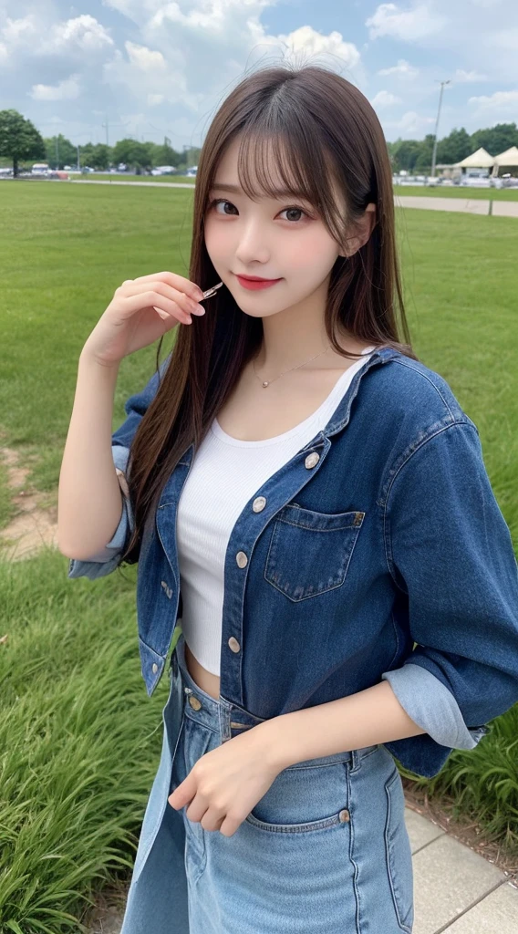 Tabletop, Highest quality, shape, Very detailed, finely, High resolution, 8k wallpaper, 完璧なダイナミックな構shape, Beautiful and exquisite, Nice spring clothes,Beautiful straight hair,Small breasts,Natural color lip, 20-year-old girl、cute、Always blur the background,Perfect and beautiful face,Beautiful and dense face、Slim face and figure,Big eyes、Putting on gal makeup,Actual Photos(Best image quality)、Sexy Face、Fashion model posing、Full Body Shot、smile、Change pose randomly、Randomly change the shooting angle and position、Summer Fashion、Photographing the sky
