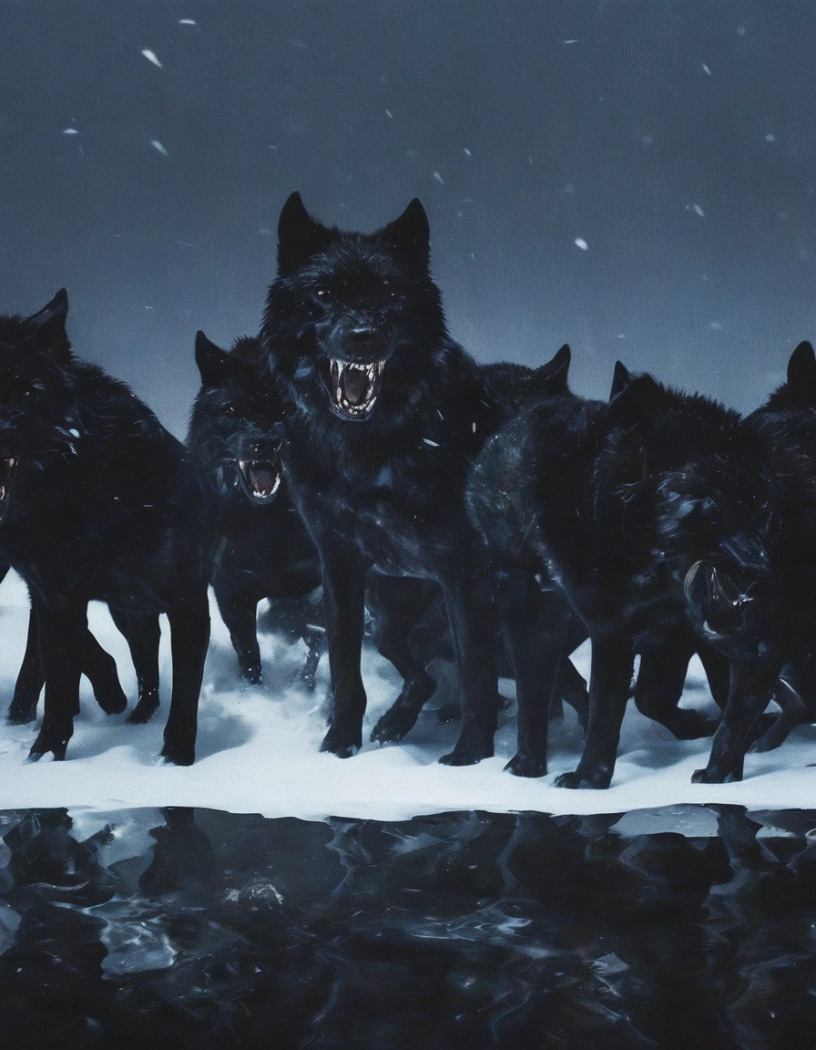 army of black wolves fighting in winter at night, night city background