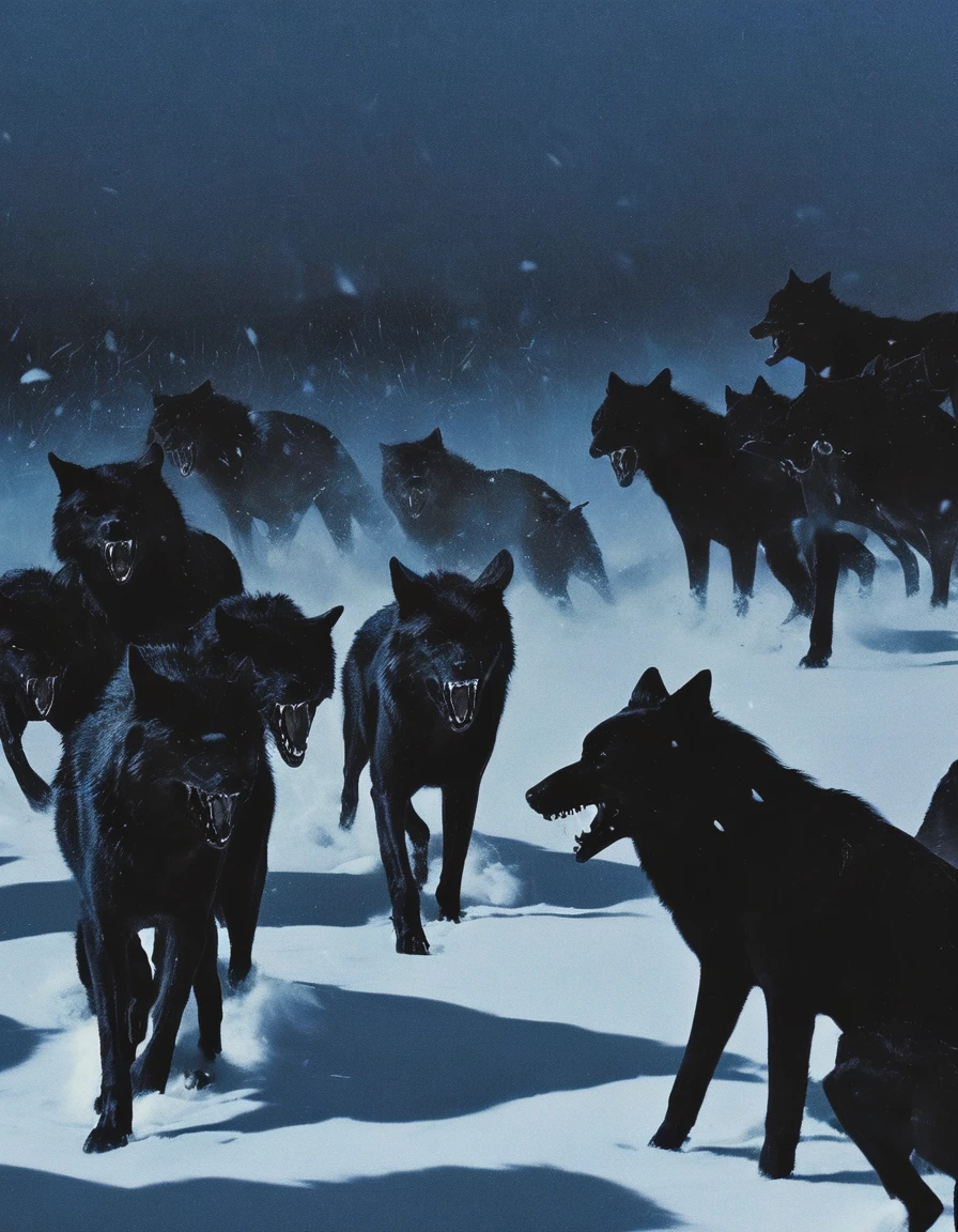 army of black wolves fighting in winter at night, night city background