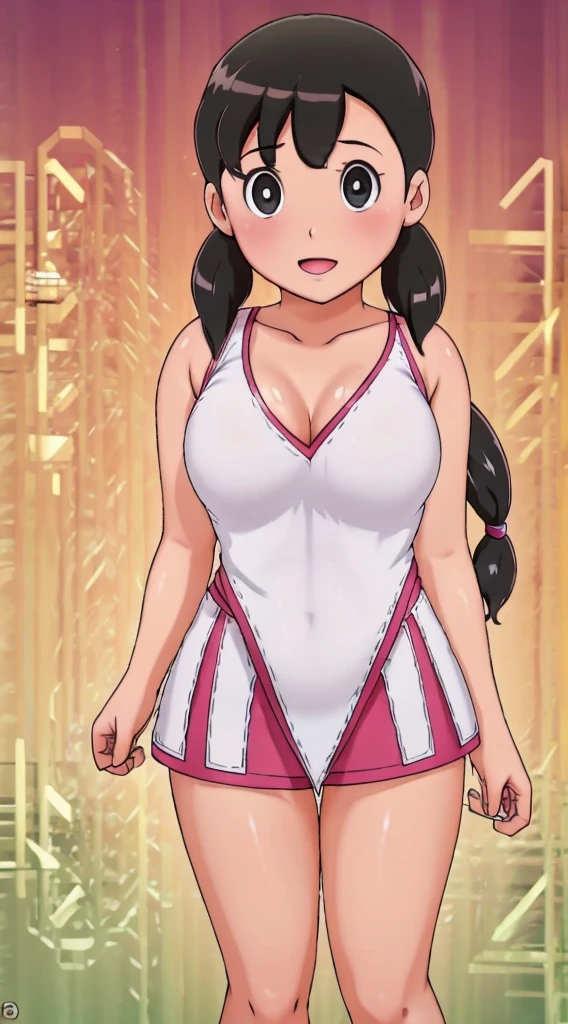 American girl milf of 18, video gamer, wearing tranparent short T-shirt, black hair, ((blush: 0.8)), natural skin texture, 4K textures, highly detailed, insane details, faint colors , ((long wavy hair)), ((smile on face: 0.4)), (no panties: 0.2), ((looking directly at the camera)), ((tilted head: 0.8 )), ((large breasts:1)). ((full body:1)),cheerfall background