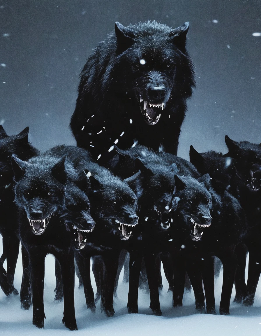 army of black wolves fighting in winter new york street at night, night city background