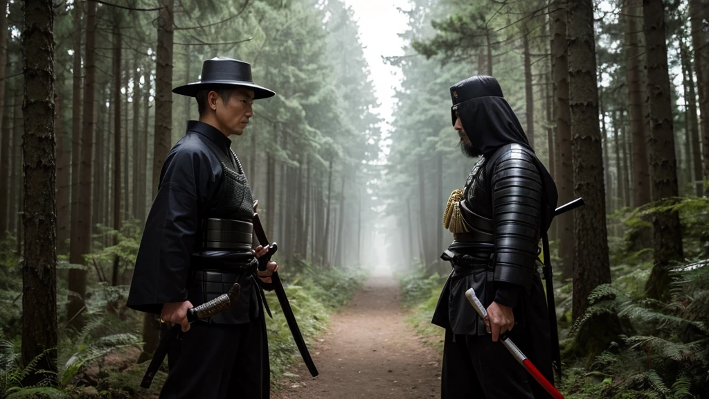 A 50-year-old Japanese male samurai covered in black weapons,Man in samurai costume holding sword in dark forest